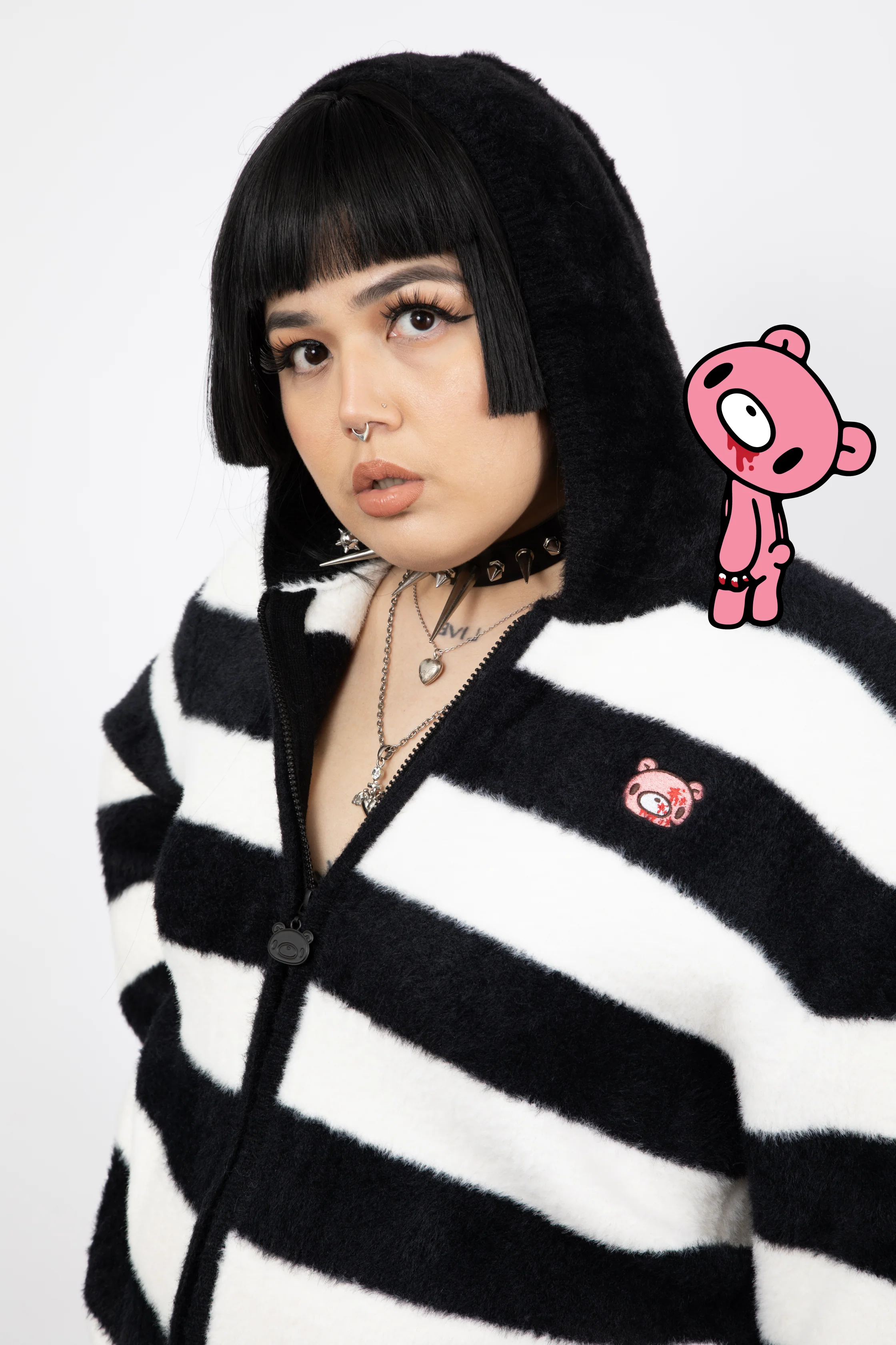 Gloomy Bear Striped Fuzzy Zip Up Jacket - Image 5
