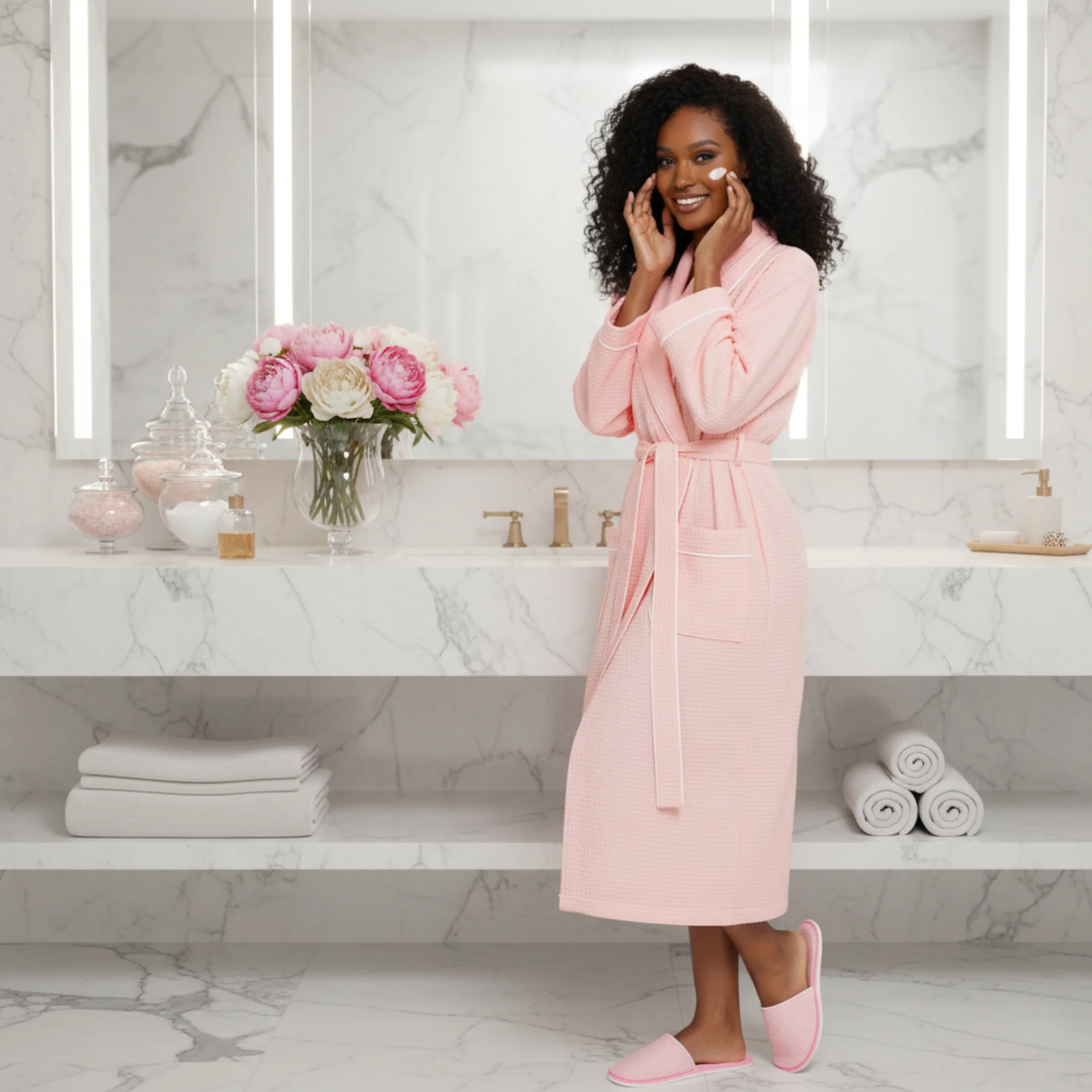 Women’s Waffle Piping Bathrobe – Lightweight Spa-Style Comfort - Image 3
